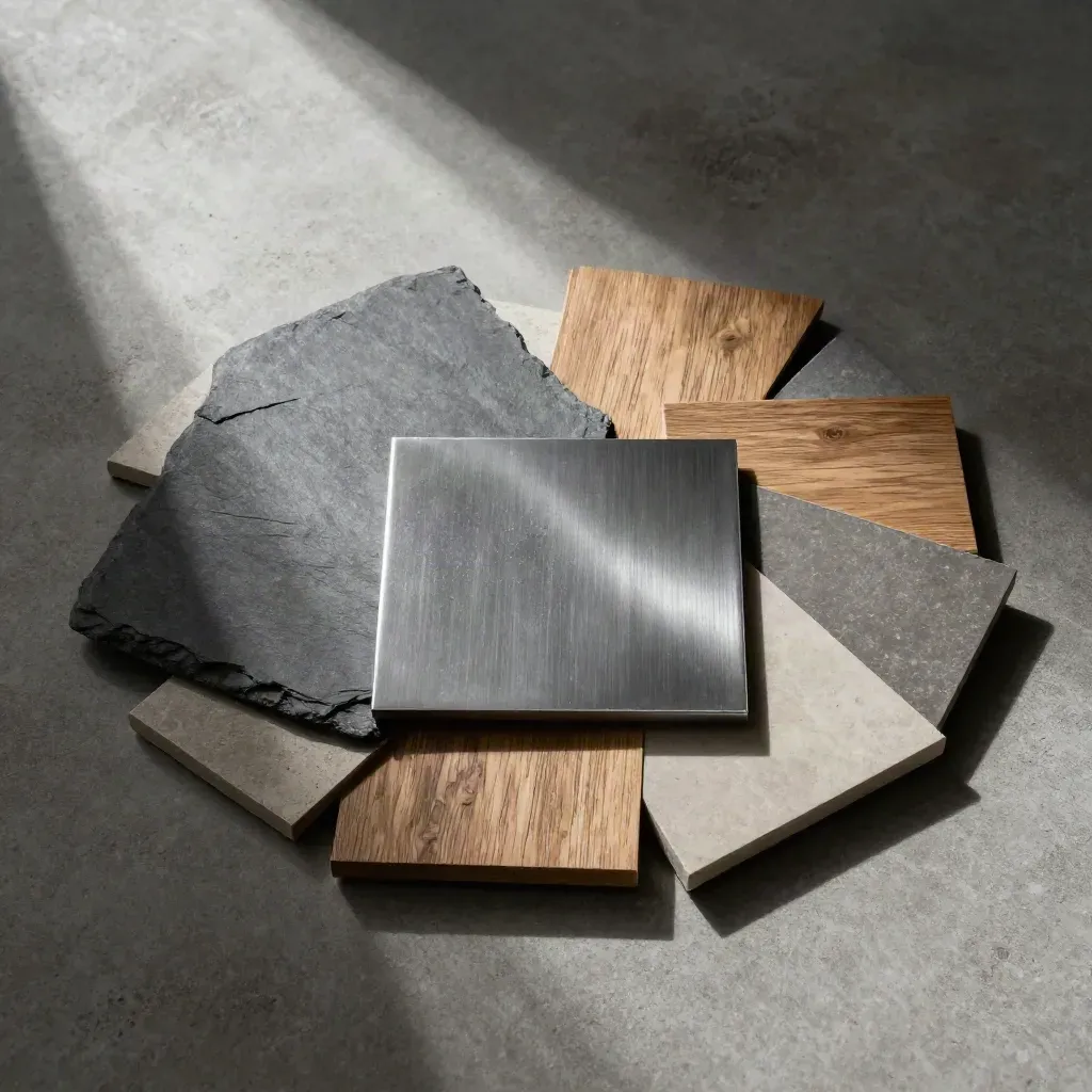 Top-down flatlay van interieurstalen op beton met hard licht en veel ruimte.
