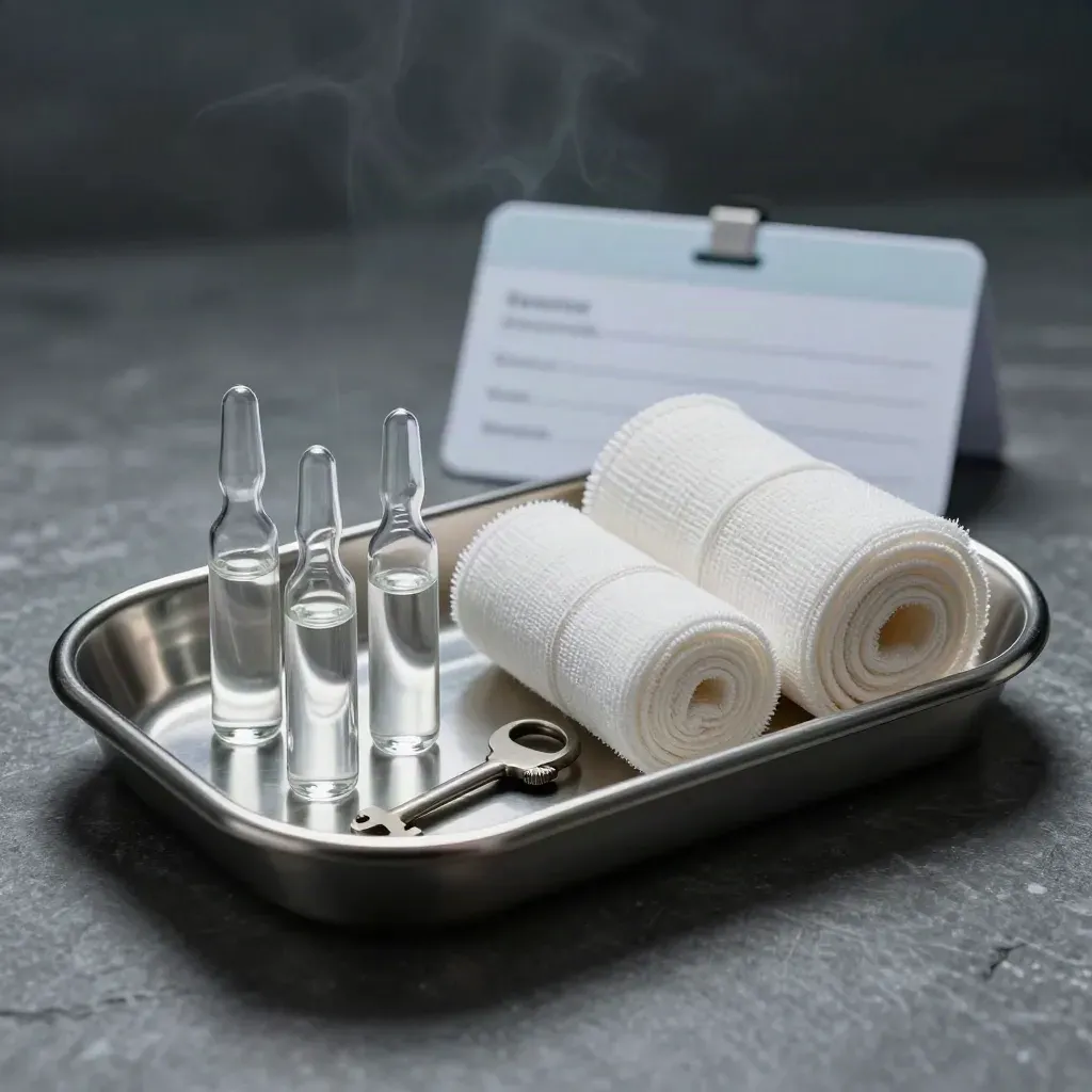 Medische RVS-tray met ampullen, gaasrollen en een instrumentenklem in dramatisch licht.