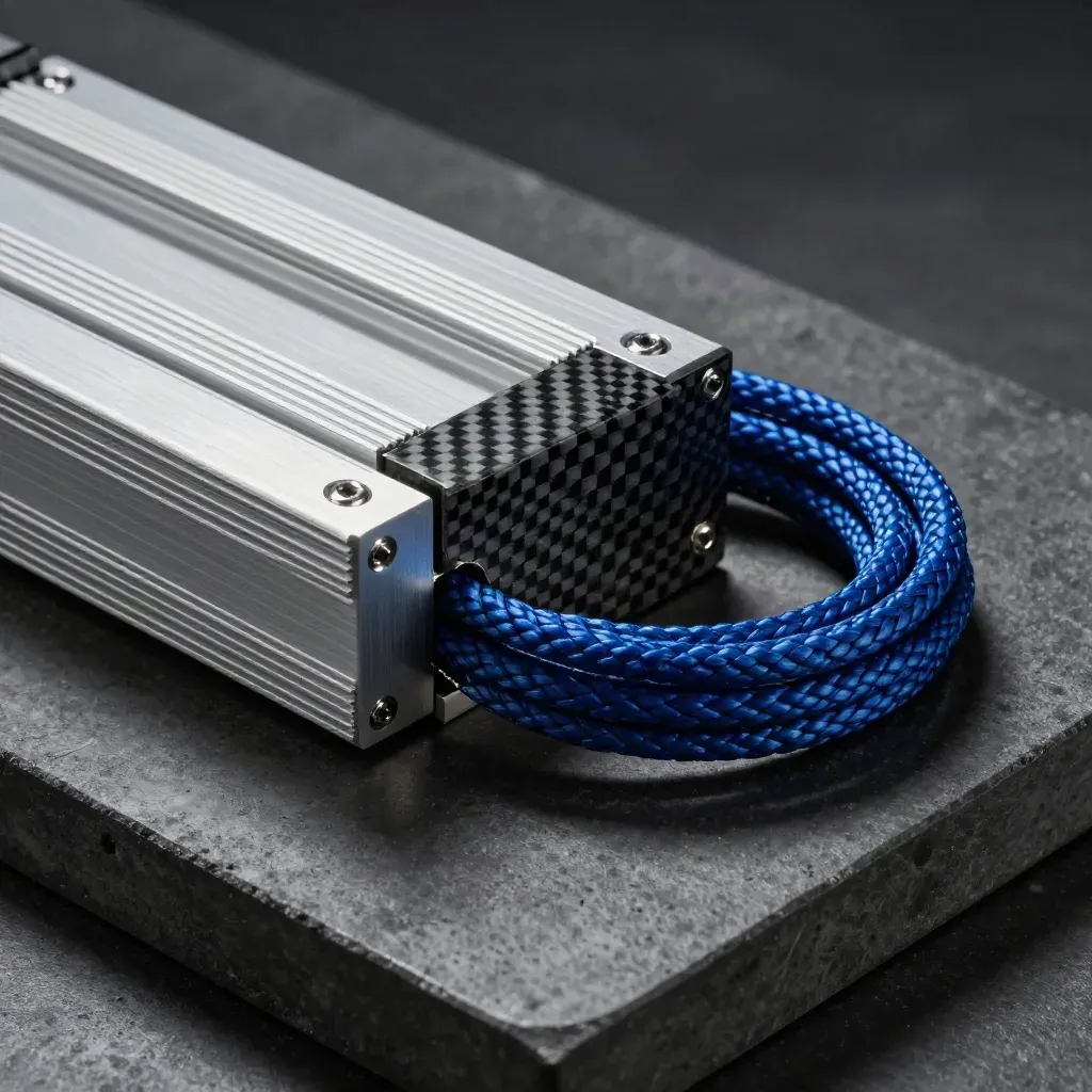 Technische close-up van koelvinnen, schroeven en een blauwe braided kabel op donker beton.