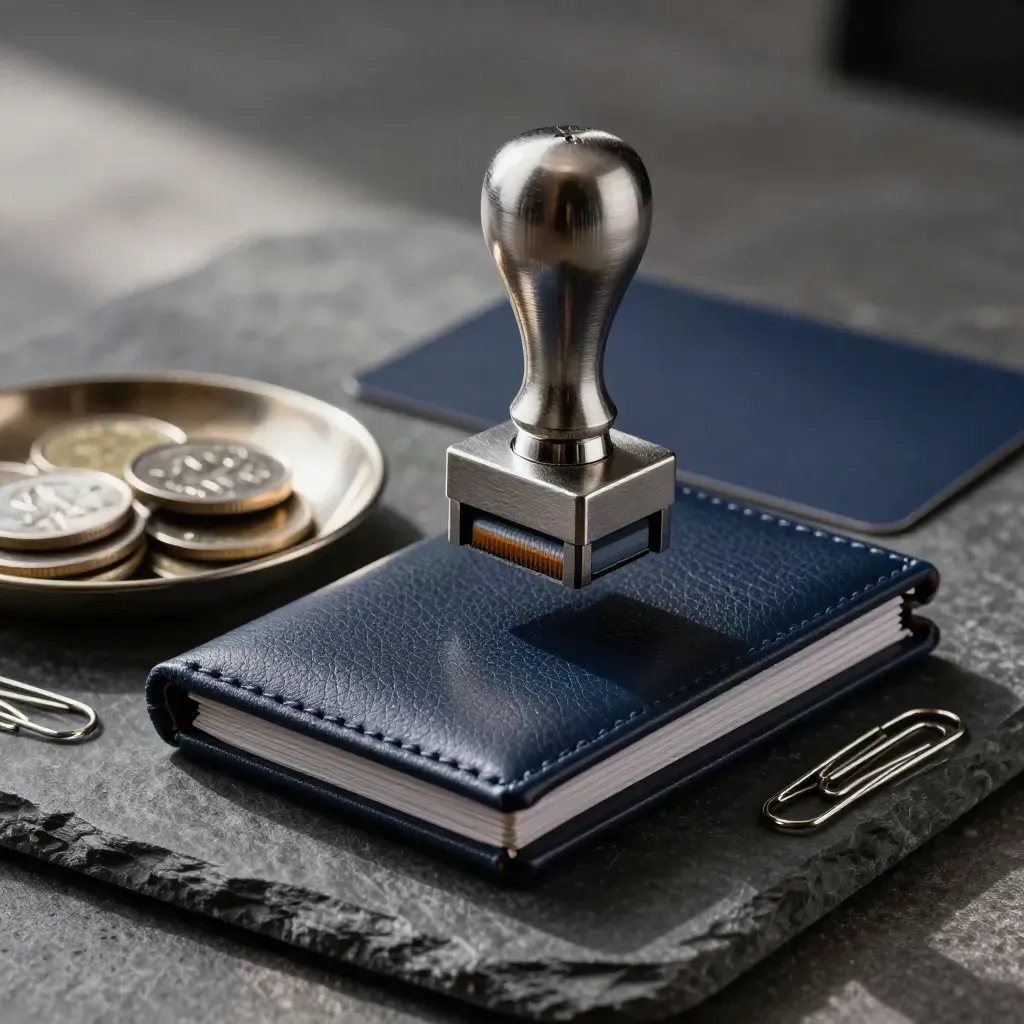 Luxe financiële still life met stempel, leren map, munttray en paperclips op steen.