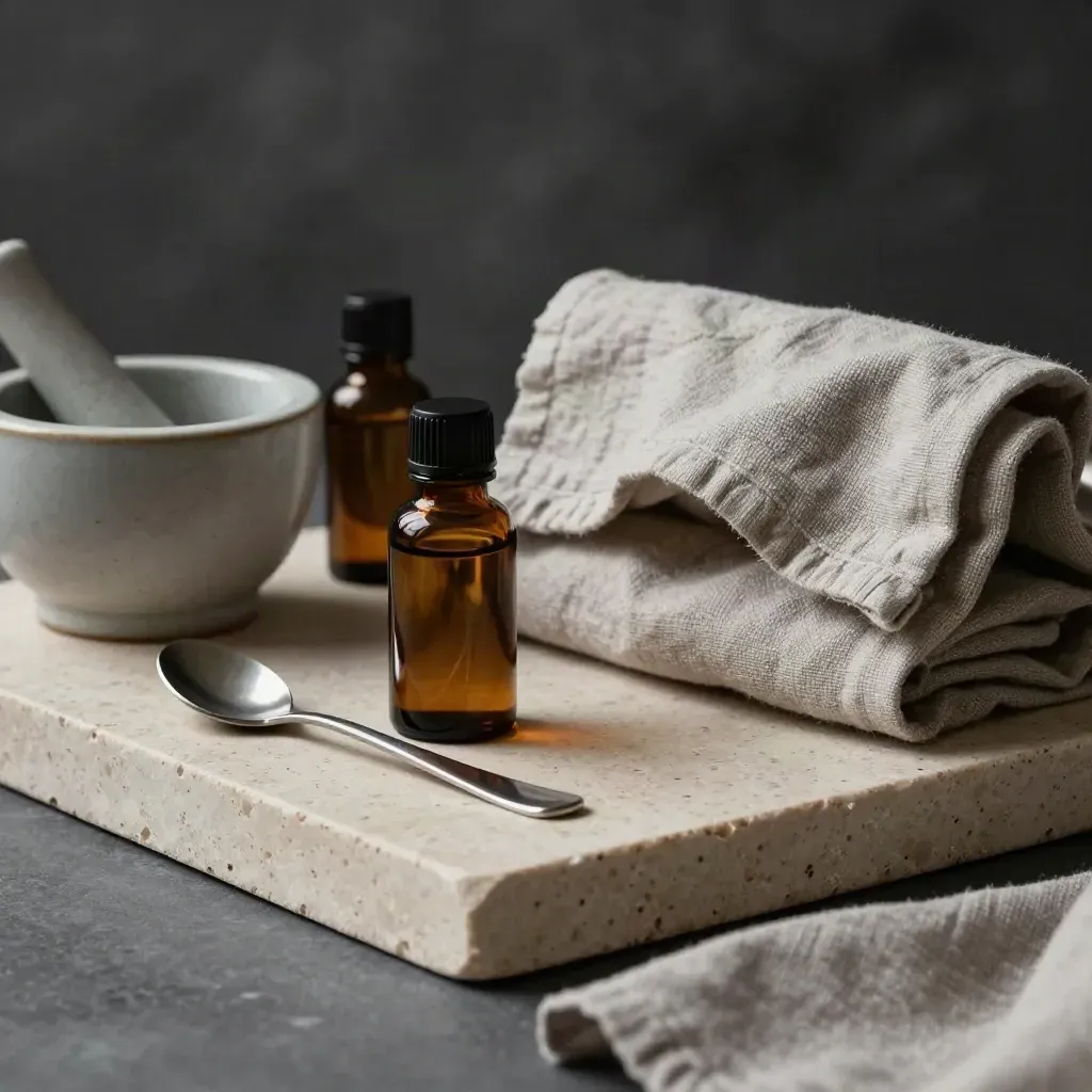 Wellness-set met amberflesjes, mortier, stalen lepel en linnen wrap op travertin.