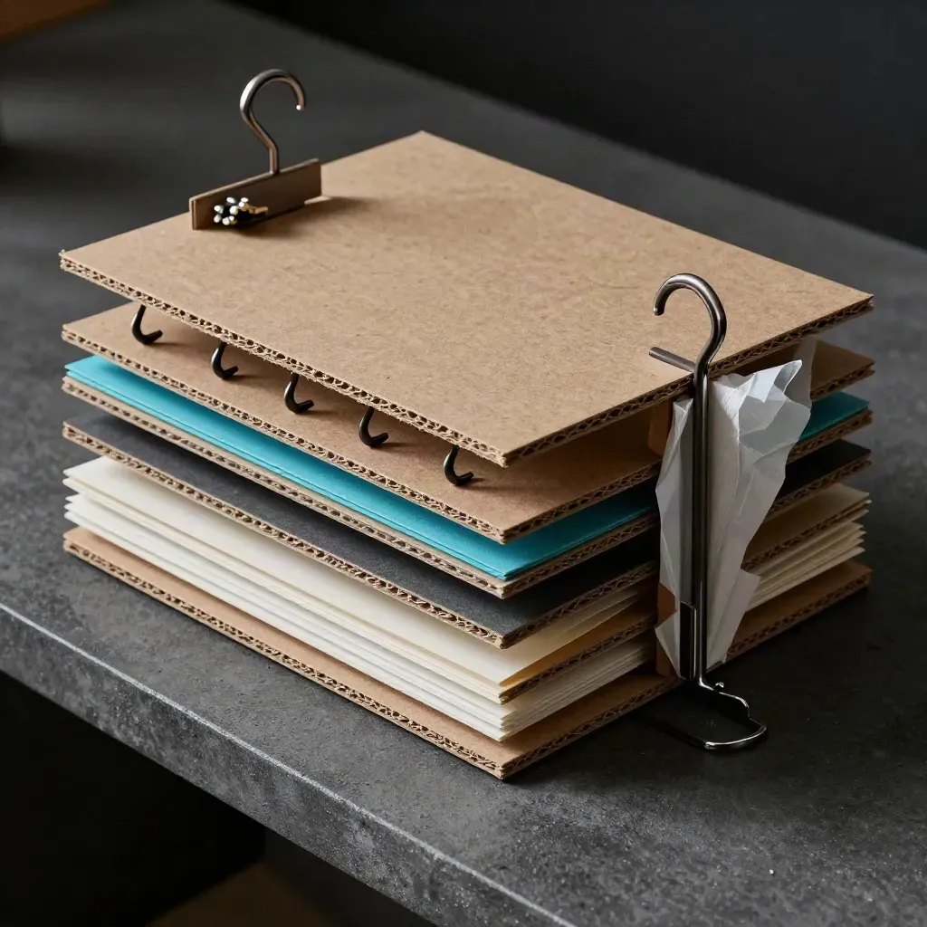 Bovenaanzicht van retail displaymodellen, hangerhaken, tissue en springclip op donker beton.