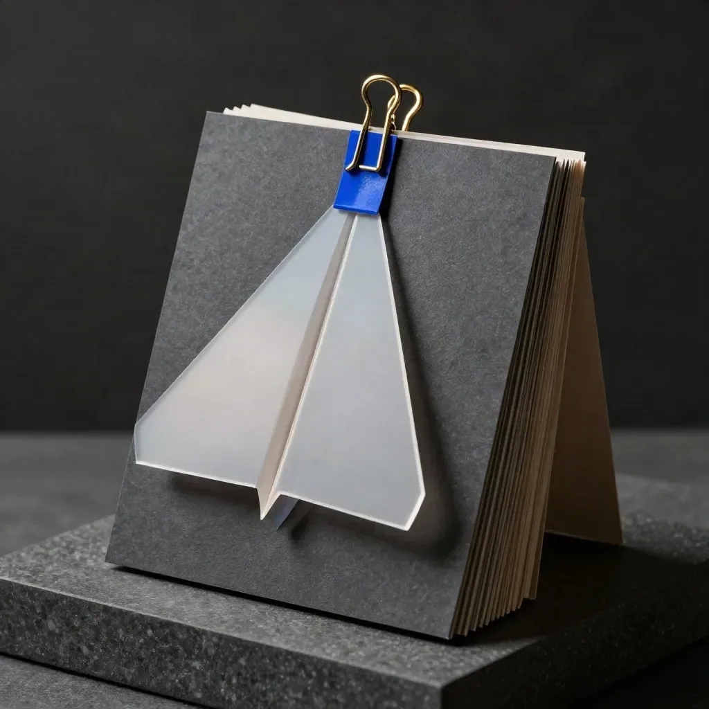Campagneconcepten-kaarten met transparante overlays en een messing clip in dramatisch studio-licht.