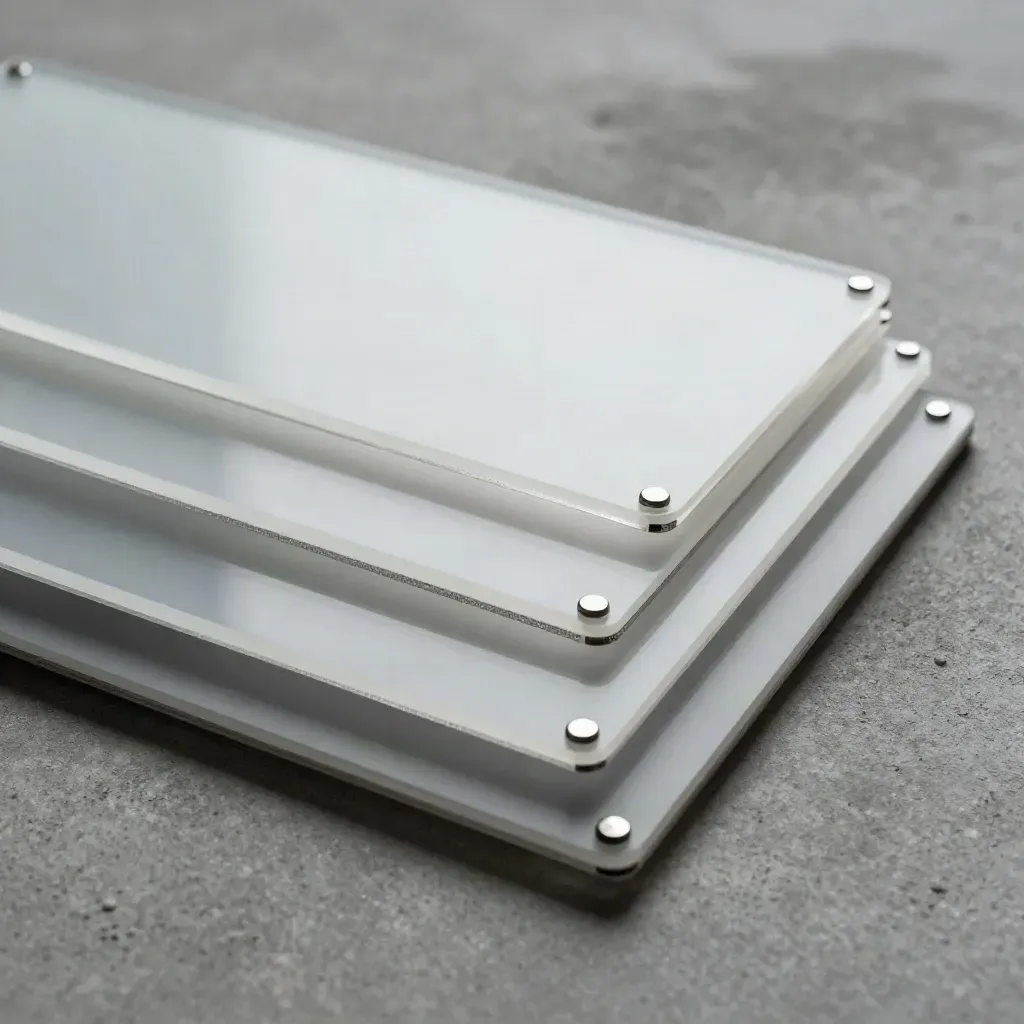 Drie mat acryl ad-templates met metalen clips en perforatieranden op een donkere betonvloer.