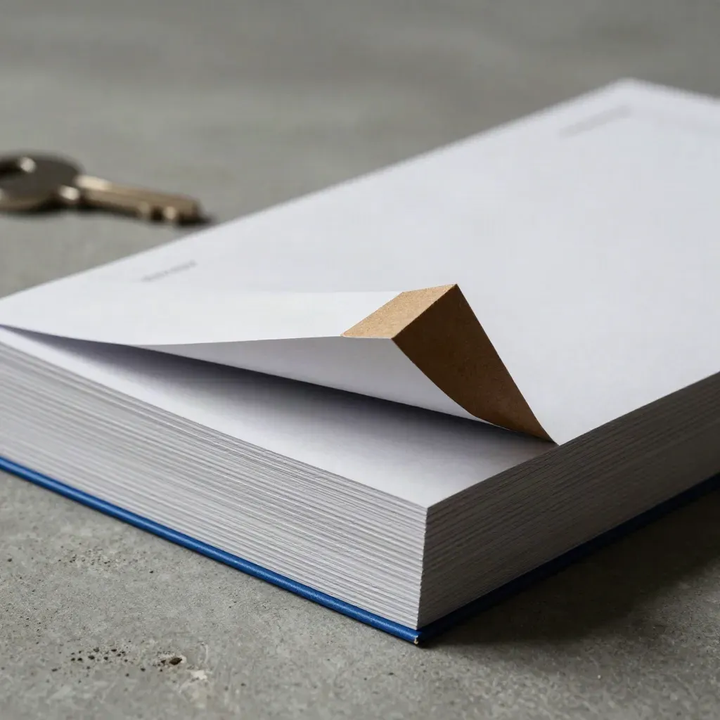 Stapel landingpage-mockups met vouwdummy en kartonnen snijhoeken op koel beton