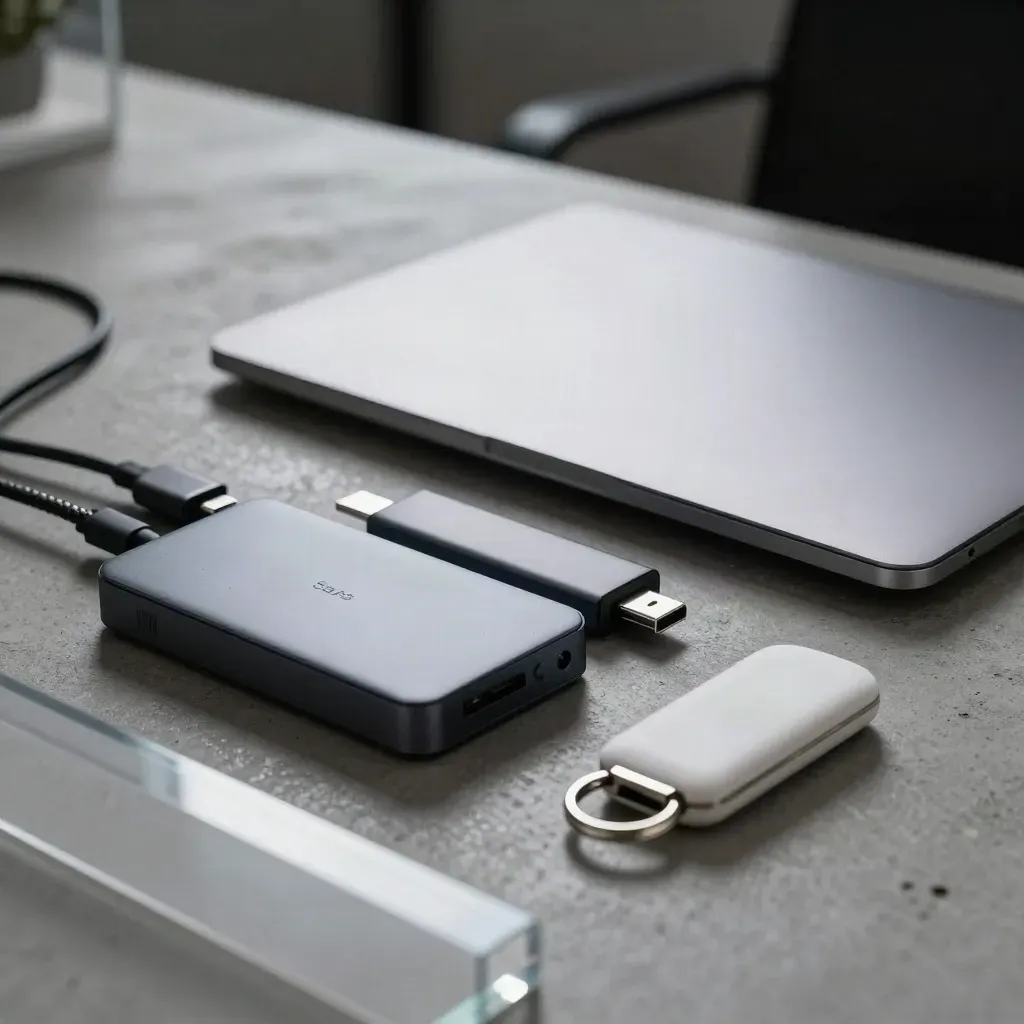 Sluitende laptop, SSD, USB-C hub en keyfob op beton, gezien door frosted acryl.