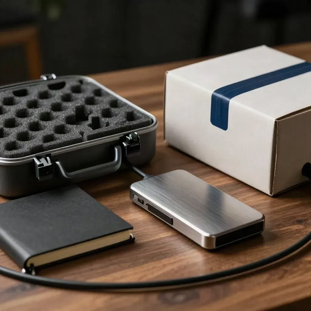 Halfopen prototypecase, notebook, drive en verzenddoos op warm walnootwerkblad