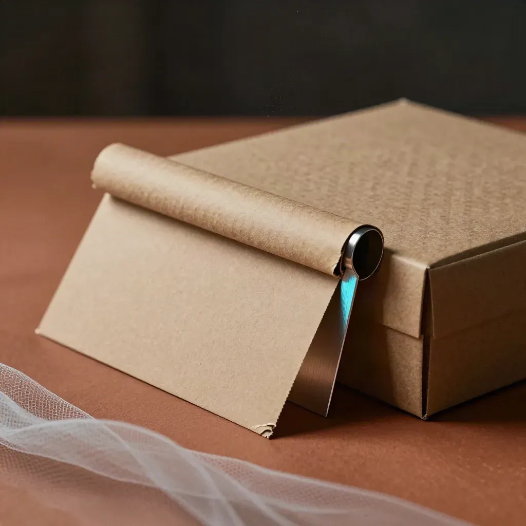 Kraft mailer, bannerrol, aluminium hoekstuk en sampledoos in warm licht met zachte diepte.