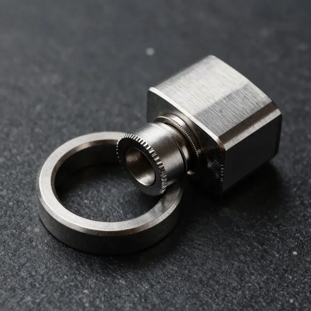 Metalen ringen en precisieconnectoren op donker basalt, strak van boven gefotografeerd.