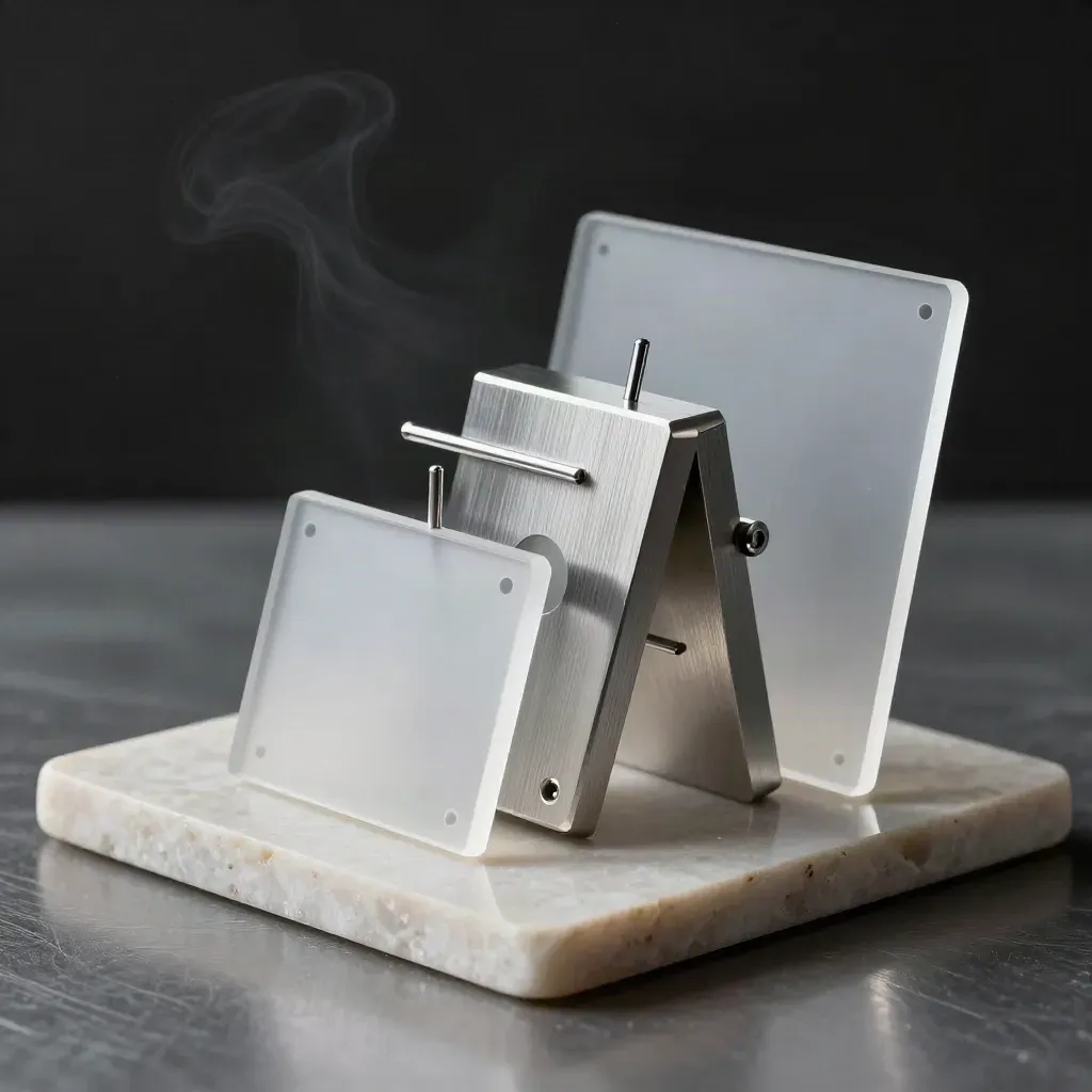 Modulair aluminium stilleven met acrylvlakken en pinnen op een stenen ondergrond in dramatisch licht.