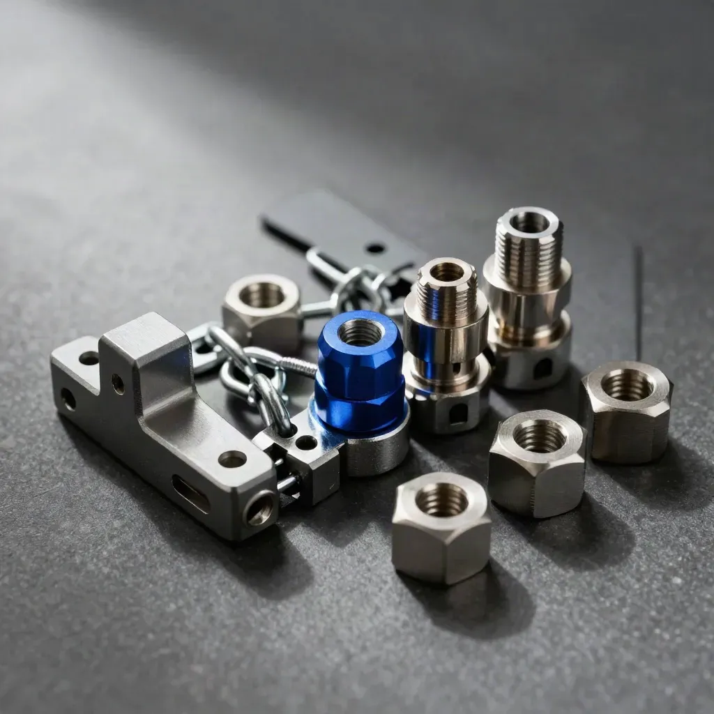 Stilleven met metalen workflow-onderdelen en een blauwe accentspacer op donkere steen.